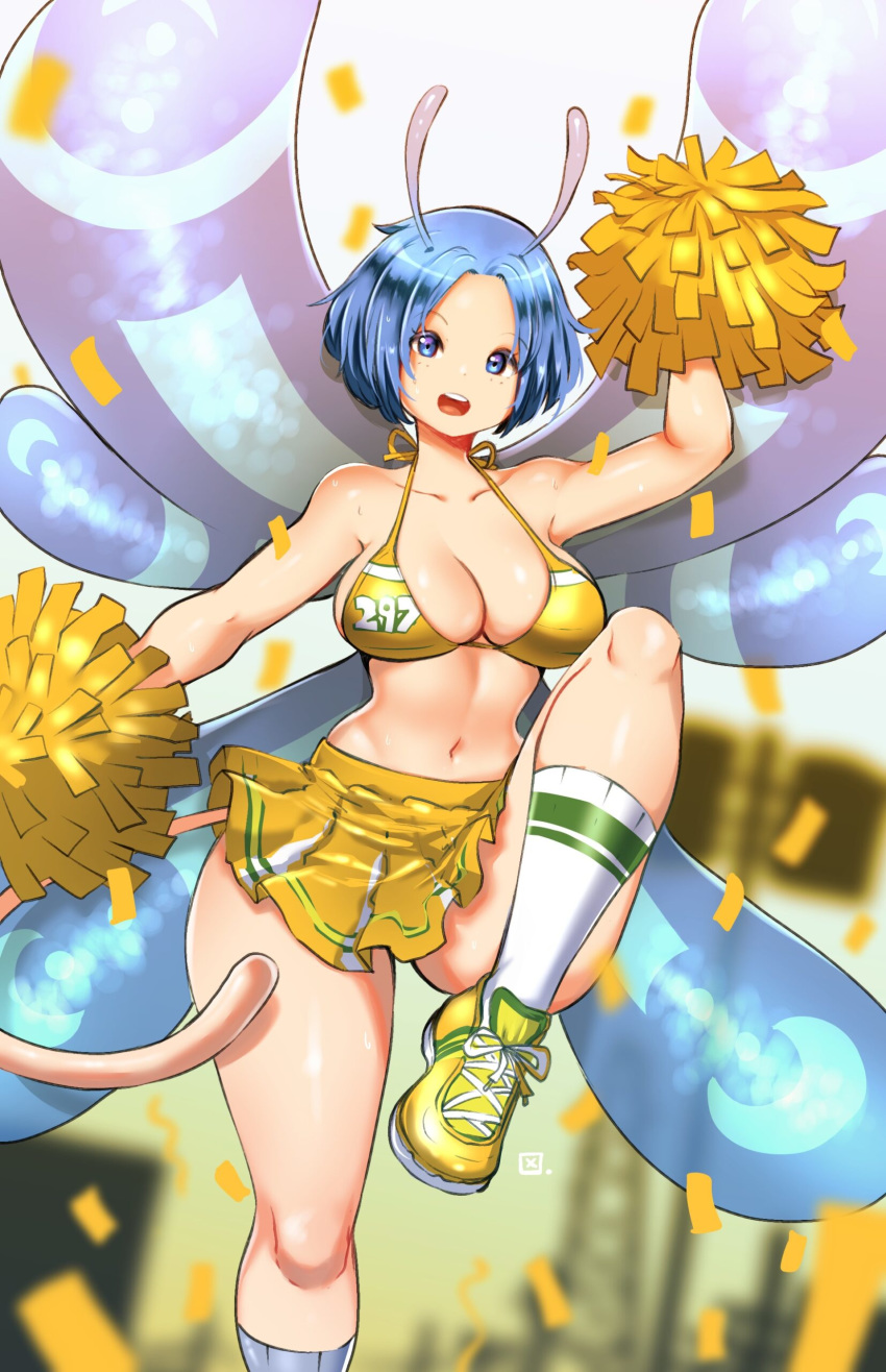 absurd_res antennae_(anatomy) big_breasts blue_eyes blue_hair bottomwear breasts cleavage clothed clothing fairies_vs_tentacles fairy female footwear hair hi_res humanoid insect_wings kenron_toqueen midriff myri_(fvt) navel open_mouth pom_poms shoes skirt solo wings