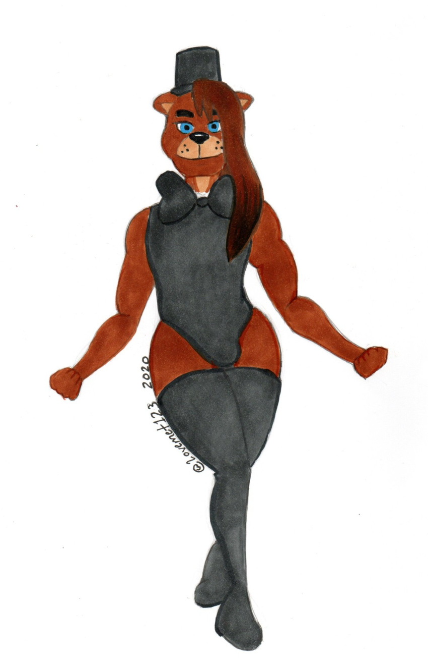 anthro black_bow_tie black_leotard black_nose black_top_hat blue_eyes boots bow_tie brown_body brown_fur brown_hair bulge clothing five_nights_at_freddy's footwear freddy_(fnaf) fur girly hair hat headgear headwear heeled_boots hi_res legwear leotard long_hair long_lashes lovemet123_(lovemet_room) male mammal scott_cawthon simple_background solo tall thick_thighs thigh_boots thigh_highs top_hat ursid video_games wet_nose white_background