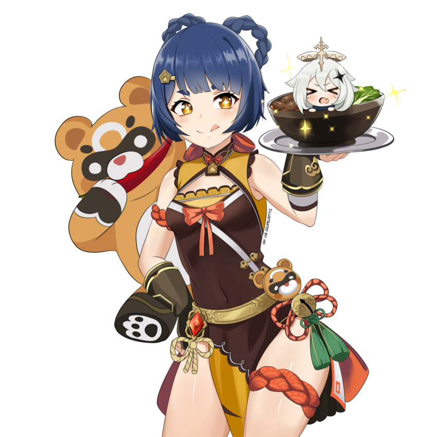 &gt;_&lt; 2girls :p absurdres blue_hair bowl braid chili_pepper china_dress chinese_clothes closed_eyes covered_navel dress food genshin_impact gouba_(genshin_impact) hh_101 highres licking_lips multiple_girls paimon_(genshin_impact) panda short_hair simple_background smile sparkling_eyes tears tongue tongue_out twin_braids white_background xiangling_(genshin_impact)