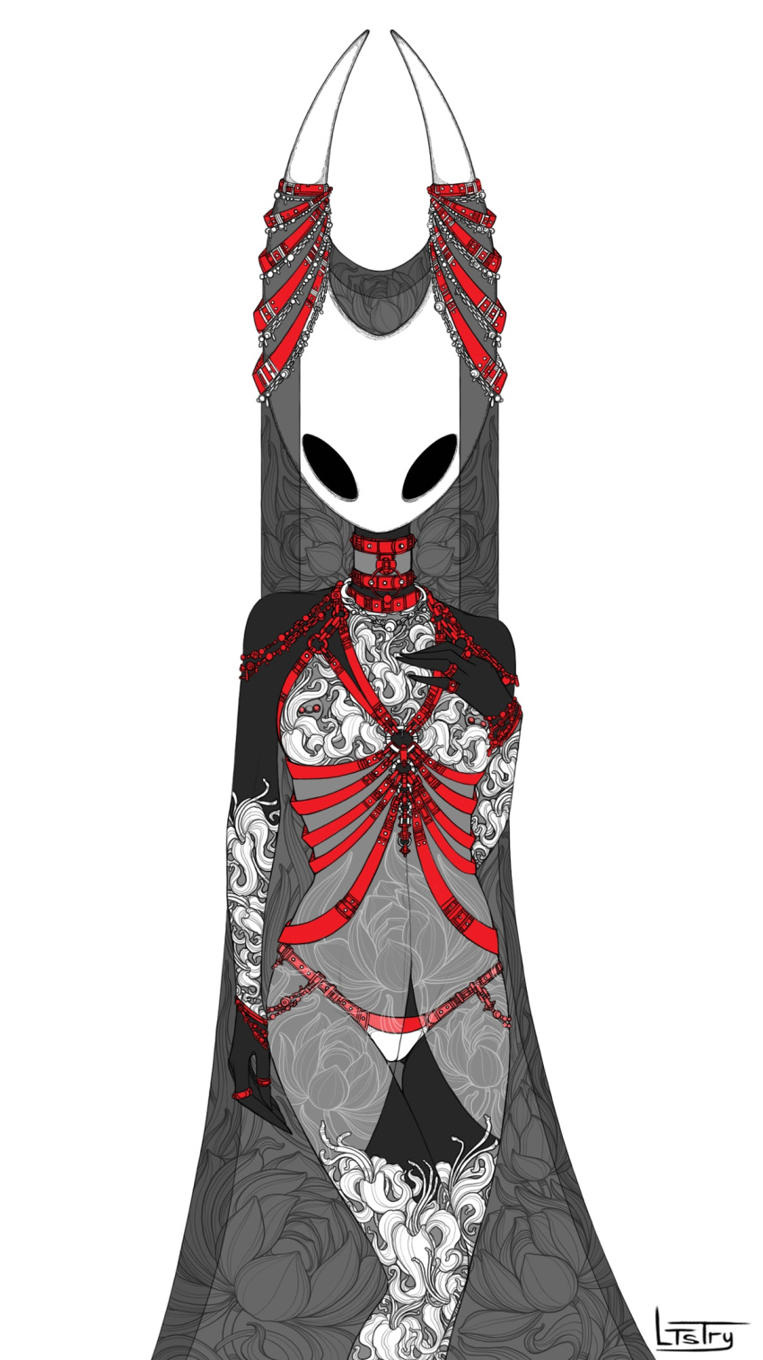 2020 5_fingers anthro arthropod black_body breasts clothing digital_media_(artwork) female fingers hi_res hollow_knight hornet_(hollow_knight) insect lingerie ltstry nipple_piercing nipples non-mammal_breasts panties piercing protagonist_(hollow_knight) simple_background solo team_cherry translucent underwear vessel_(species) video_games white_background