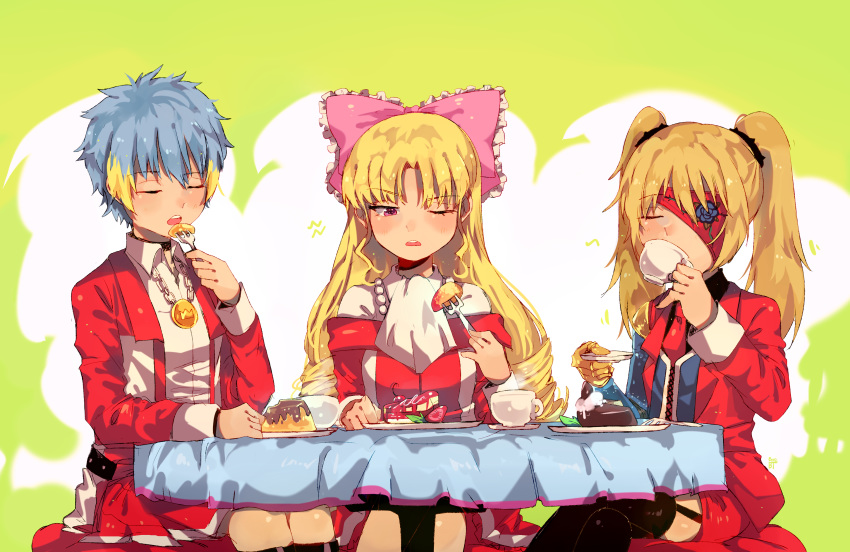 3girls absurdres bangs benzbt black_legwear blonde_hair bow cake cake_slice closed_eyes cup drinking eating eyepatch food fork garter_belt grey_hair hair_bow highres holding holding_cup jacket laflora mariona_rinorine medallion multicolored_hair multiple_girls narcissa_lafevere neclace one_eye_closed parted_bangs pink_bow pink_eyes princess prosthesis prosthetic_arm pudding red_jacket red_skirt rosary_gray school_uniform short_hair sitting skirt streaked_hair table teacup twintails white_neckwear