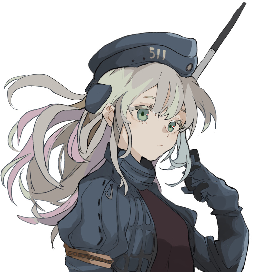 1girl absurdres antennae blonde_hair blue_eyes commentary_request cropped_jacket garrison_cap gloves hat highres kantai_collection long_hair looking_at_viewer simple_background solo u-511_(kantai_collection) umi_owl upper_body white_background