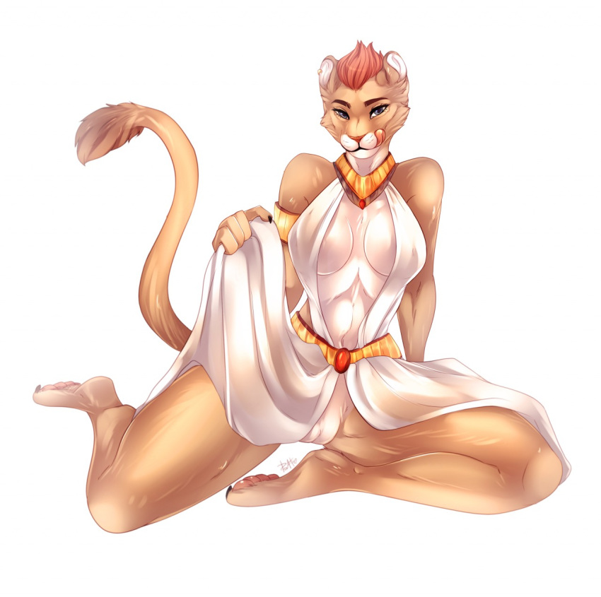 ah'lina_the_lioness anthro armlet breasts cleavage clothed clothing dress felid female flashing fur genitals hair hi_res hindpaw jewelry kristiana_puff licking licking_lips lion mammal necklace orange_hair pantherine pawpads paws pussy short_hair solo tail_tuft tan_body tan_fur tongue tongue_out tuft