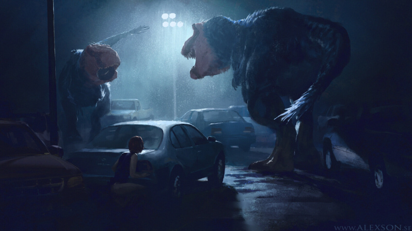 1girl alexander_forssberg car dino_crisis dinosaur feathered_dinosaur feathers ground_vehicle hiding highres lamppost looking_at_another motor_vehicle night outdoors rain regina_(dino_crisis) size_difference squatting water watermark web_address