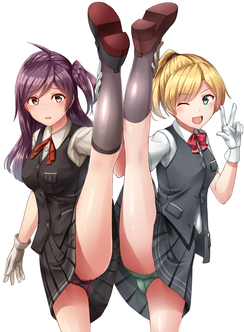 2girls black_skirt black_vest blonde_hair blue_eyes brown_eyes buttons collared_shirt gloves green_panties grey_legwear hagikaze_(kantai_collection) highres kamelie kantai_collection kneehighs long_hair maikaze_(kantai_collection) multiple_girls one_eye_closed one_side_up open_mouth panties pleated_skirt ponytail purple_hair purple_panties red_ribbon ribbon shirt short_hair short_sleeves simple_background skirt smile underwear vest white_background white_gloves white_shirt