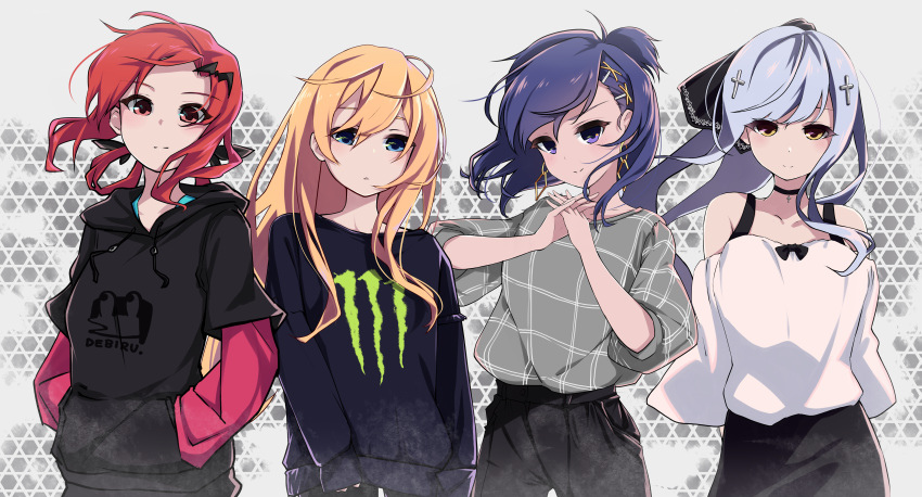 4girls absurdres alternate_costume arms_behind_back bare_shoulders bat_hair_ornament belt black_hoodie black_pants black_ribbon black_skirt black_sweater blonde_hair blue_eyes blush casual commentary_request cowboy_shot cross cross_hair_ornament cross_necklace earrings expressionless gabriel_dropout hair_between_eyes hair_ornament hair_ribbon hairclip hands_in_pockets hands_together hands_up head_tilt highres hood hood_down interlocked_fingers jewelry kurumizawa_satanichia_mcdowell long_hair long_sleeves looking_at_viewer medium_hair monster_energy multiple_girls necklace off-shoulder_shirt off_shoulder pants parted_lips pink_eyes plaid plaid_sweater product_placement purple_eyes purple_hair red_eyes red_hair ribbon sazanka shiraha_raphiel_ainsworth shirt silver_hair skirt sleeves_rolled_up smile sweater tenma_gabriel_white tsukinose_vignette_april very_long_hair white_shirt x_hair_ornament yellow_eyes