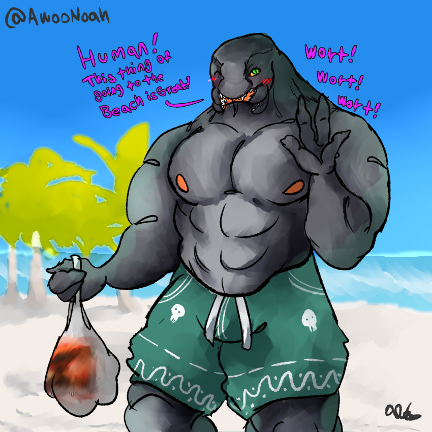 1:1 abs alien awoonoah barazoku beach big_pecs blush clothing english_text gesture halo_(series) happy hi_res humanoid male microsoft muscular muscular_humanoid muscular_male nipples one_eye_closed pecs sangheili seaside simple_background sky solo solo_focus swimming_trunks swimwear text video_games waving wink xbox_game_studios