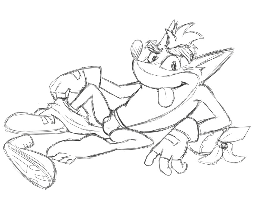activision anthro bandicoot barefoot black_and_white briefs bulge clothed clothing crash_bandicoot crash_bandicoot_(series) footwear gloves handwear male mammal marsupial monochrome pants_down partially_clothed shoes simple_background sketch solo thegreatmatsutzu tongue tongue_out underwear video_games white_background