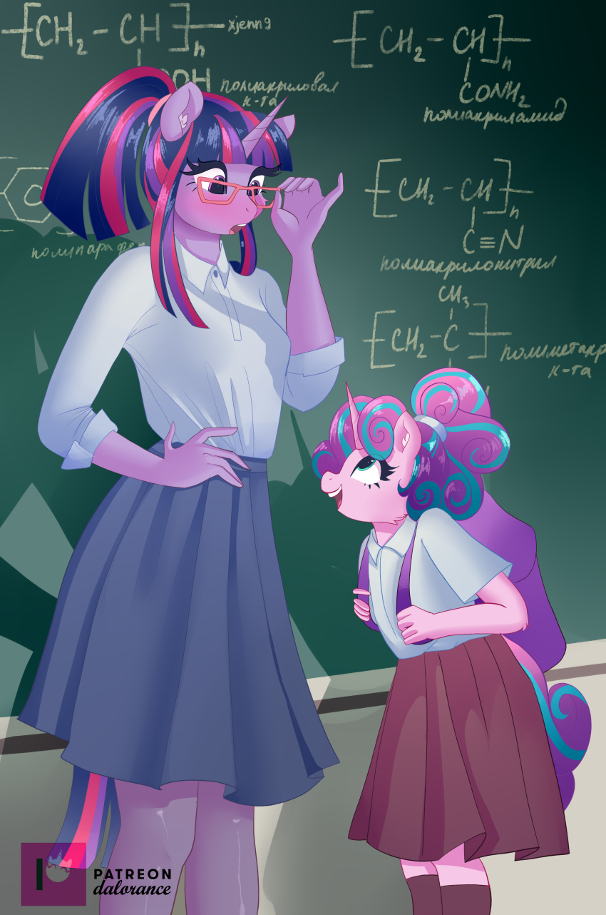 absurd_res age_difference anthro anthrofied blush bottomwear chalkboard clothed clothing duo equid equine eyewear female flurry_heart_(mlp) friendship_is_magic glasses hi_res horn larger_female mammal my_little_pony older_female school_uniform size_difference skirt smaller_female twilight_sparkle_(mlp) unicorn uniform xjenn9 younger_female