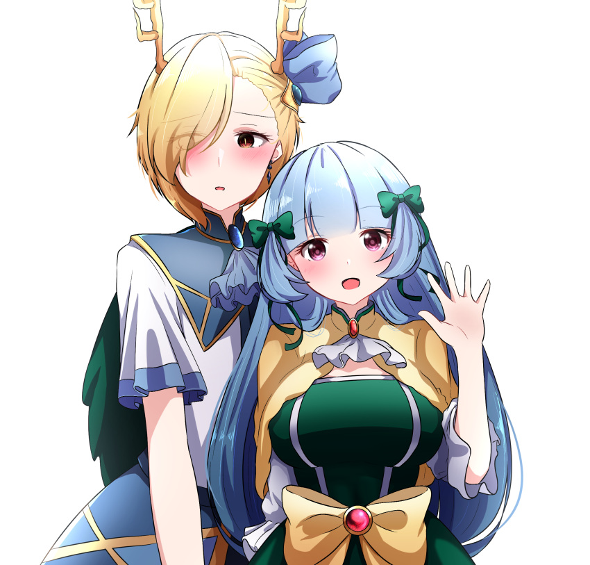 2girls :d ascot bangs blonde_hair blue_hair blue_skirt blunt_bangs blush bow breasts bright_pupils brooch brown_eyes capelet dress earrings embarrassed english_commentary eyes_visible_through_hair flat_chest furrowed_eyebrows gold_trim green_bow green_dress grey_neckwear hair_bow hair_ornament haniyasushin_keiki highres horns jewelry kicchou_yachie large_breasts long_hair looking_at_viewer looking_to_the_side multiple_girls one_eye_covered open_mouth parted_lips pink_eyes shell shirt short_hair short_sleeves simple_background skirt slit_pupils smile touhou upper_body very_long_hair white_background white_shirt yellow_bow yellow_capelet yukome