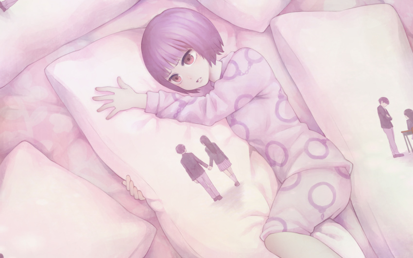 1girl bangs blunt_bangs dakimakura_(object) desk feet_out_of_frame holding_hands long_sleeves lying object_hug on_side original pajamas parted_lips pillow pillow_hug print_pillow purple_eyes purple_hair short_hair solo yajirushi_(chanoma)