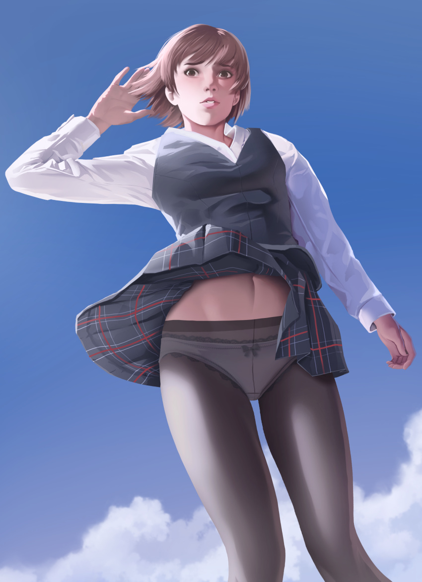 1girl absurdres accidental_exposure arm_at_side arm_up blue_sky bow bow_panties brown_legwear collared_shirt commentary day embarrassed english_commentary feet_out_of_frame floating_hair furrowed_eyebrows highres lips long_sleeves looking_at_viewer navel niijima_makoto outstretched_arms panties panties_under_pantyhose pantyhose parted_lips persona persona_5 plaid plaid_skirt school_uniform see-through shirt short_hair shuujin_academy_uniform skirt skirt_lift sky solo standing stomach thatpersonaguy underwear vest white_shirt wind wind_lift