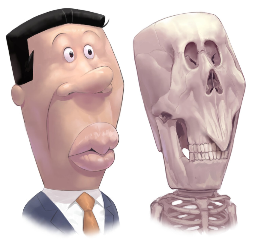 1boy anago anatomy black_eyes black_hair formal highres lips male_focus necktie sakkan sazae-san skeleton suit white_background