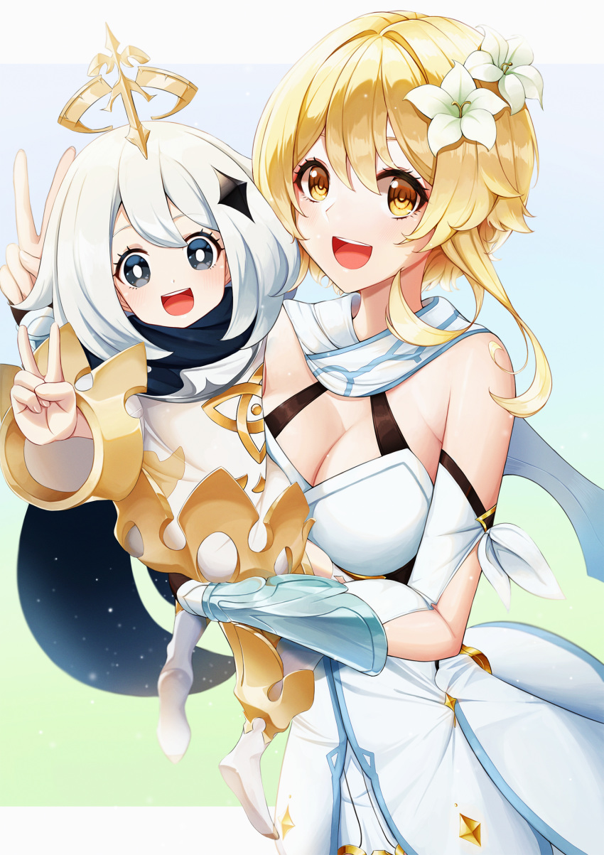 2girls :d bangs bare_shoulders blonde_hair blue_eyes bracer breasts bright_pupils cleavage cowboy_shot detached_sleeves dress eyebrows_visible_through_hair flower genshin_impact gloves hair_between_eyes hair_flower hair_ornament halo highres holding holding_another large_breasts long_sleeves looking_at_viewer lumine_(genshin_impact) multiple_girls open_mouth paimon_(genshin_impact) scarf short_hair sidelocks simple_background smile sora_(men0105) thighhighs tongue upper_teeth v white_dress white_flower white_hair white_legwear yellow_eyes