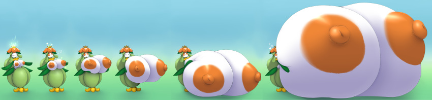 absurd_res anthro big_breasts breast_expansion breasts elfdrago expansion female green_body green_skin hand_on_breast hi_res huge_breasts hyper hyper_breasts immobile lilligant long_image nintendo nipples outside pok&eacute;mon pok&eacute;mon_(species) sequence solo video_games white_body white_skin wide_image