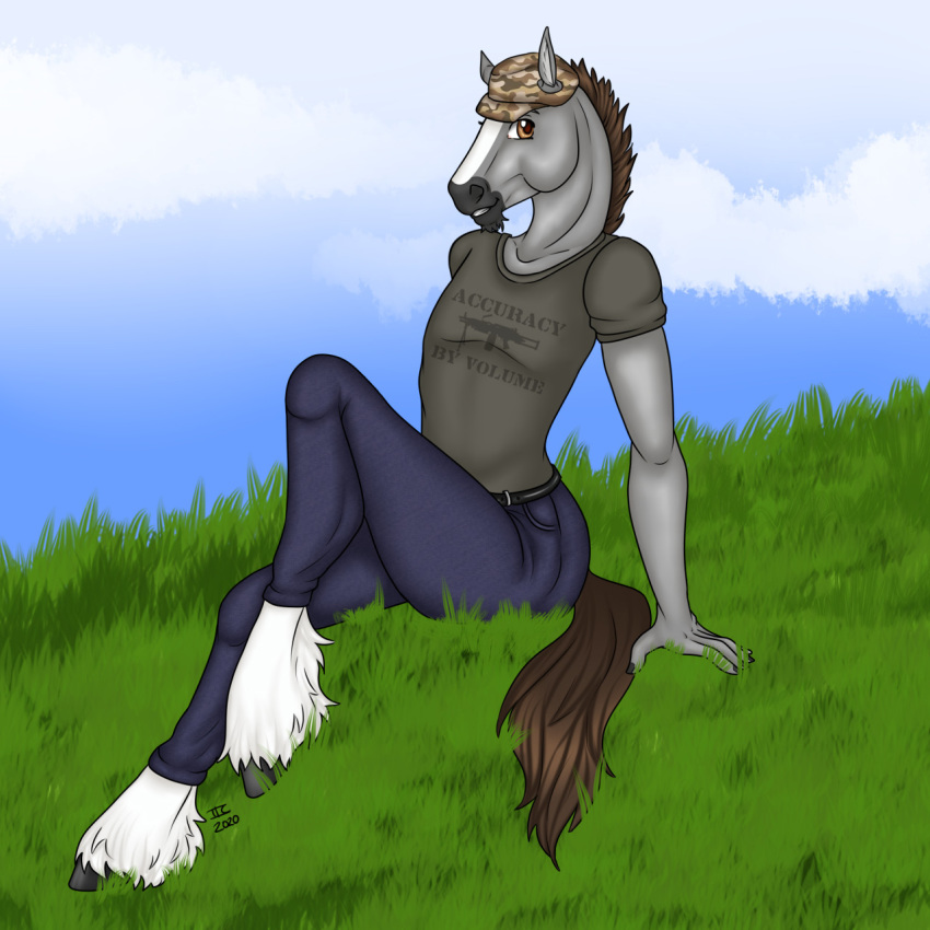 1:1 anthro brown_hair camo clothed clothing dallas_prairiewind equid equine fur grass grey_body grey_fur hair hat headgear headwear hi_res hooves horse looking_at_viewer male mammal markings sitting solo tabascocat white_markings