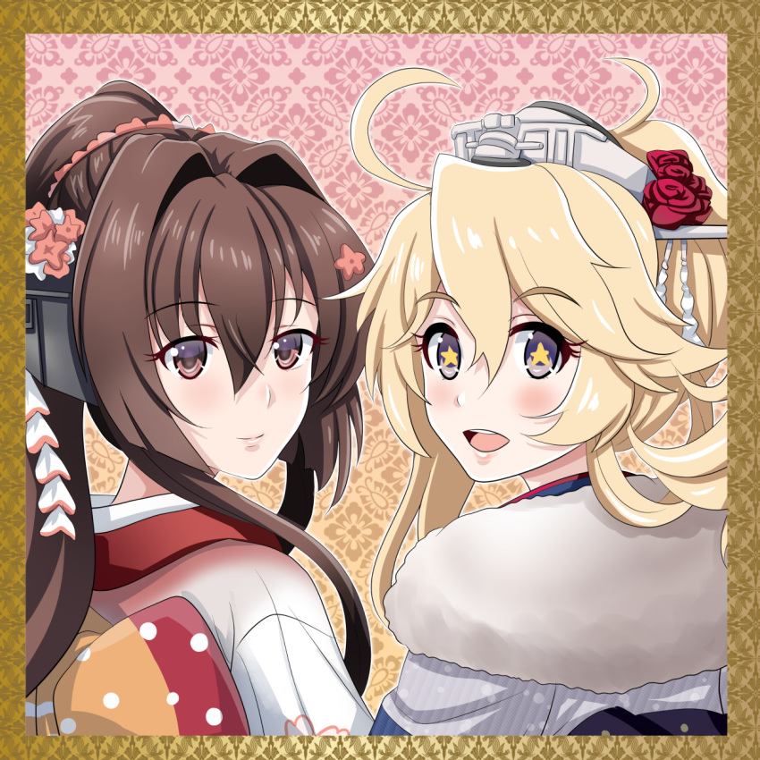 2girls blonde_hair blue_eyes brown_hair cherry_blossoms flower from_behind hair_flower hair_ornament headgear highres iowa_(kantai_collection) japanese_clothes kantai_collection kimono long_hair looking_back multiple_girls obi official_alternate_costume ponytail sash star-shaped_pupils star_(symbol) symbol-shaped_pupils tk8d32 upper_body yamato_(kantai_collection)