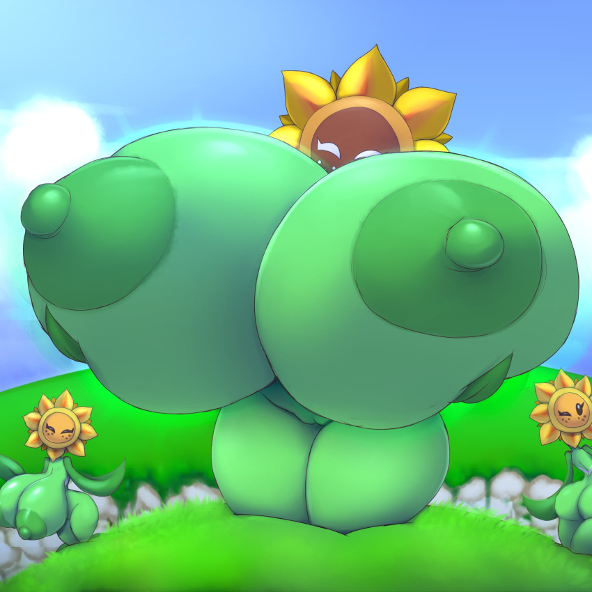 1:1 anthro big_breasts big_butt breast_expansion breasts butt cloud elemental_creature elfdrago expansion eyes_closed female flora_fauna flower flower_creature genitals great_sunflower green_body green_skin group hand_on_breast hi_res holding_breast huge_breasts hyper hyper_breasts mario_bros nintendo nipples one_eye_closed outside plant pussy size_difference sunflower_kid thick_thighs video_games wink