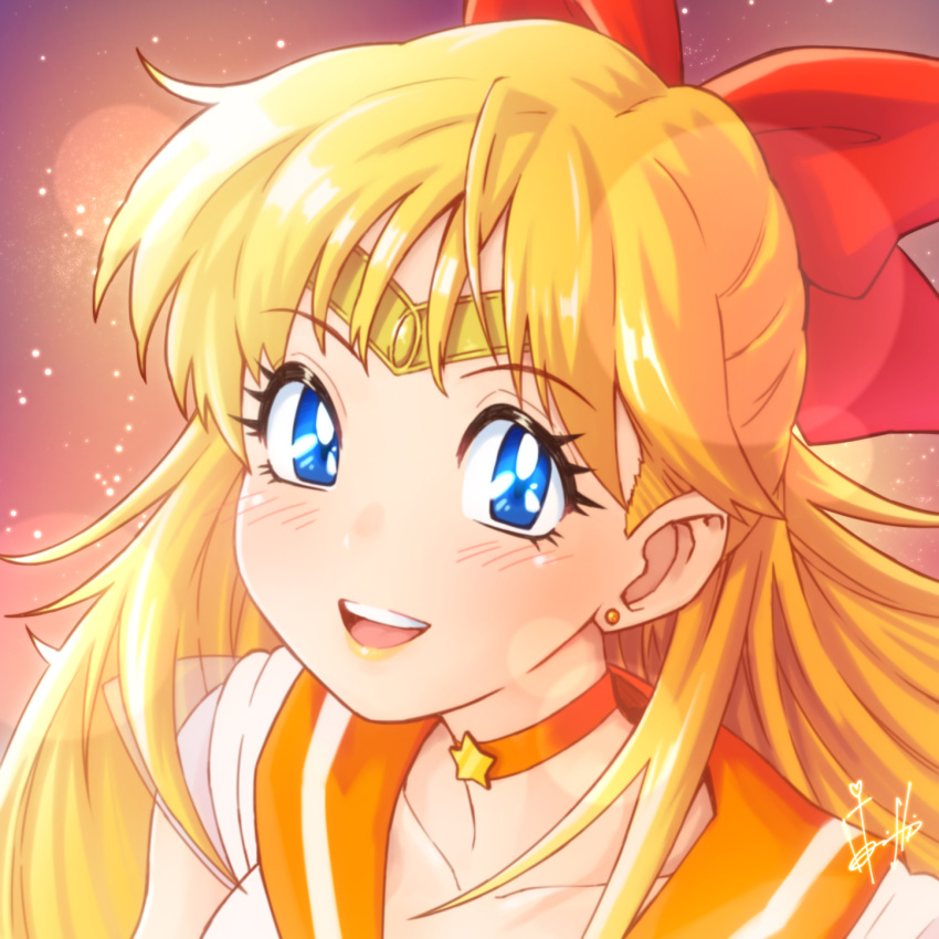 aino_minako bishoujo_senshi_sailor_moon blue_eyes choker earrings gradient gradient_background hair_ribbon highres hori_shin inner_senshi jewelry open_mouth orange_background orange_choker orange_sailor_collar ribbon sailor_collar sailor_senshi sailor_senshi_uniform sailor_venus signature starry_background stud_earrings super_sailor_venus_(stars) tiara