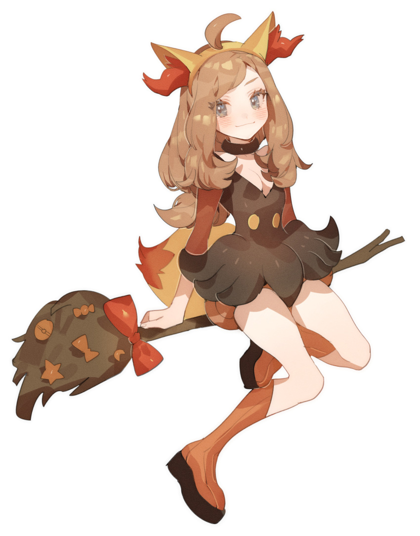 1girl ahoge black_dress blonde_hair blue_eyes blush boots broom broom_riding brown_hair cosplay costume dress fennekin fennekin_(cosplay) gen_6_pokemon halloween_costume hat highres long_hair pokemon pokemon_(game) pokemon_xy serena_(pokemon) sitting smile zuizi