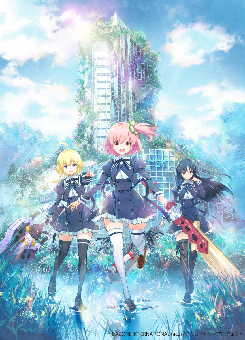 3girls absurdres ahoge assault_lily black_dress black_hair black_legwear black_ribbon blonde_hair blue_eyes blue_sky building character_request cloud commentary_request day dress highres hitotsuyanagi_riri holding holding_sword holding_weapon juliet_sleeves loafers long_hair long_sleeves looking_at_viewer low_ponytail mechanical_sword multiple_girls neck_ribbon official_art open_mouth outdoors pink_eyes pink_hair plant pointing puddle puffy_sleeves ribbon ruins school_uniform shirai_yuyu shoes short_hair side_ponytail skindentation sky sword thighhighs weapon white_legwear wide_shot