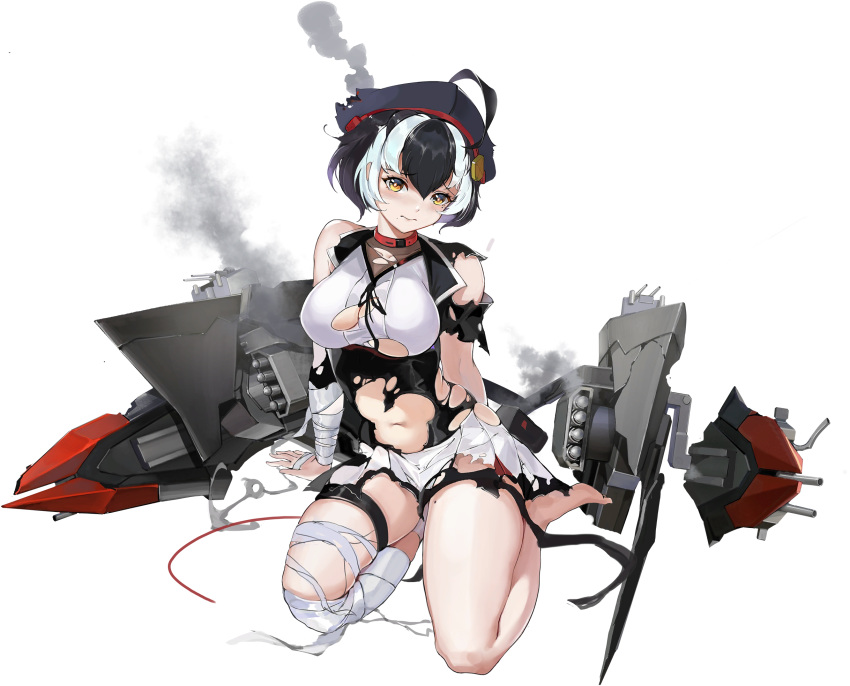 1girl admiral_graf_spee_(blue_oath) ahoge artist_request bandaged_arm bandaged_leg bandages bangs barefoot belt black_belt black_hair black_headwear black_neckwear blue_oath blush breasts choker cleavage closed_mouth full_body hat highres large_breasts midriff mole mole_on_thigh mole_under_eye multicolored_hair navel neck_ribbon official_art pleated_skirt red_choker ribbon rigging short_hair sitting skindentation skirt smoke solo thighs torn_clothes torn_hat transparent_background white_hair white_skirt yellow_eyes