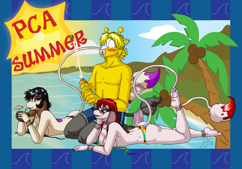 anthro beach crovirus female girafarig group lilith_(crovirus) male nintendo pok&eacute;mon pok&eacute;mon_(species) seaside smeargle video_games