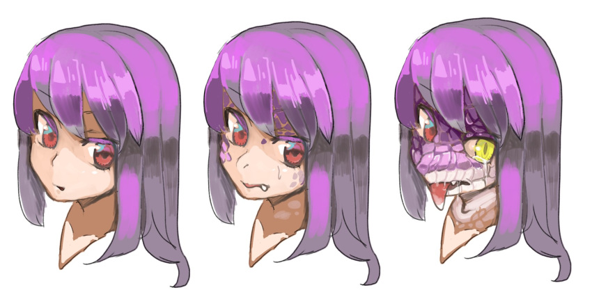 2020 ambiguous_gender anthro bodily_fluids hair headshot_portrait heterochromia hi_res human human_to_anthro mammal open_mouth pink_body pink_hair pink_scales portrait red_eyes scales scalie sequence solo species_transformation tears tongue tongue_out toribako transformation yellow_eyes