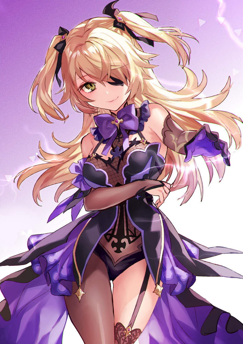 1girl bare_shoulders black_legwear blonde_hair blush bodystocking bow breasts bridal_gauntlets dress eyepatch fischl_(genshin_impact) garter_straps genshin_impact gloves green_eyes hair_ornament hair_over_one_eye hair_ribbon highres long_hair looking_at_viewer outstretched_arm ribbon single_thighhigh small_breasts smile solo thighhighs two_side_up wind yuzuki_karu
