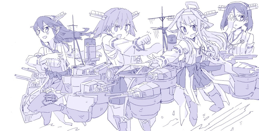 4girls adjusting_eyewear ahoge bare_shoulders boots clenched_hand detached_sleeves double_bun frilled_skirt frills funnels glasses greyscale hair_ornament hairband hairclip hakama_skirt haruna_(kantai_collection) headgear hiei_(kantai_collection) japanese_clothes juraki_hakuaki kantai_collection kirishima_(kantai_collection) kongou_(kantai_collection) long_hair monochrome multiple_girls nontraditional_miko open_mouth pleated_skirt remodel_(kantai_collection) ribbon-trimmed_sleeves ribbon_trim rigging short_hair skirt thigh_boots thighhighs turret wide_sleeves