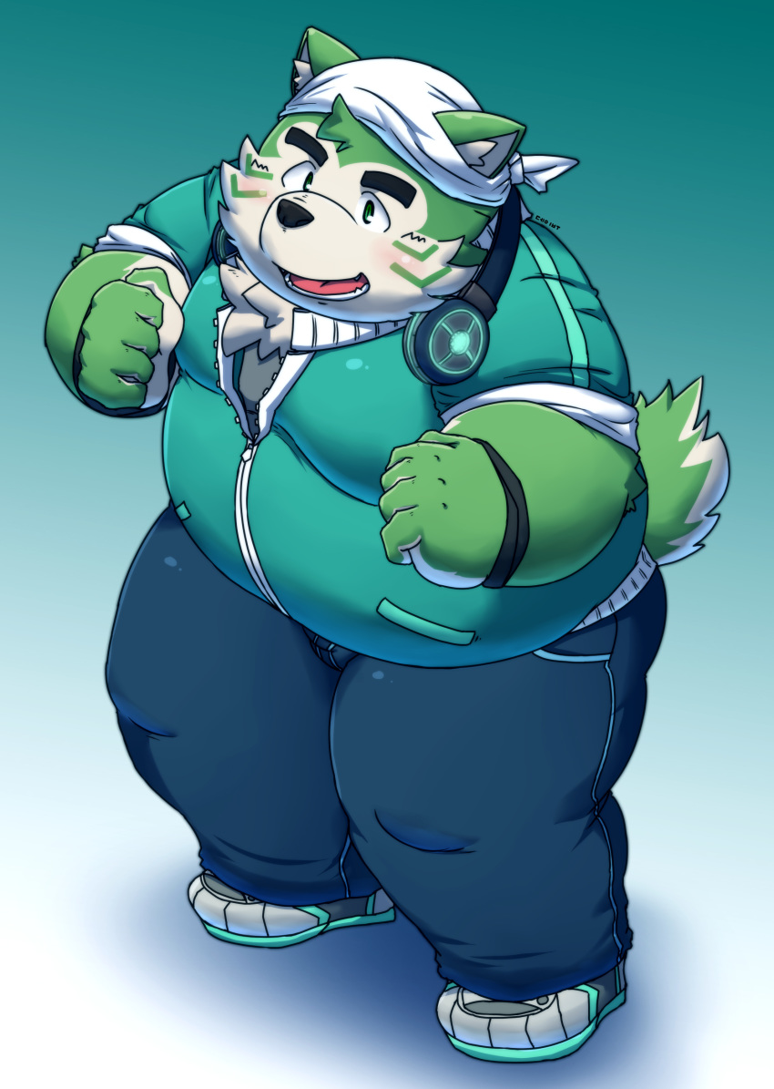 2020 absurd_res anthro belly bottomwear canid canine canis clothing debudave_12 domestic_dog fur green_body green_fur headphones headphones_around_neck hi_res kemono live-a-hero male mammal mokdai overweight overweight_anthro overweight_male pants solo video_games