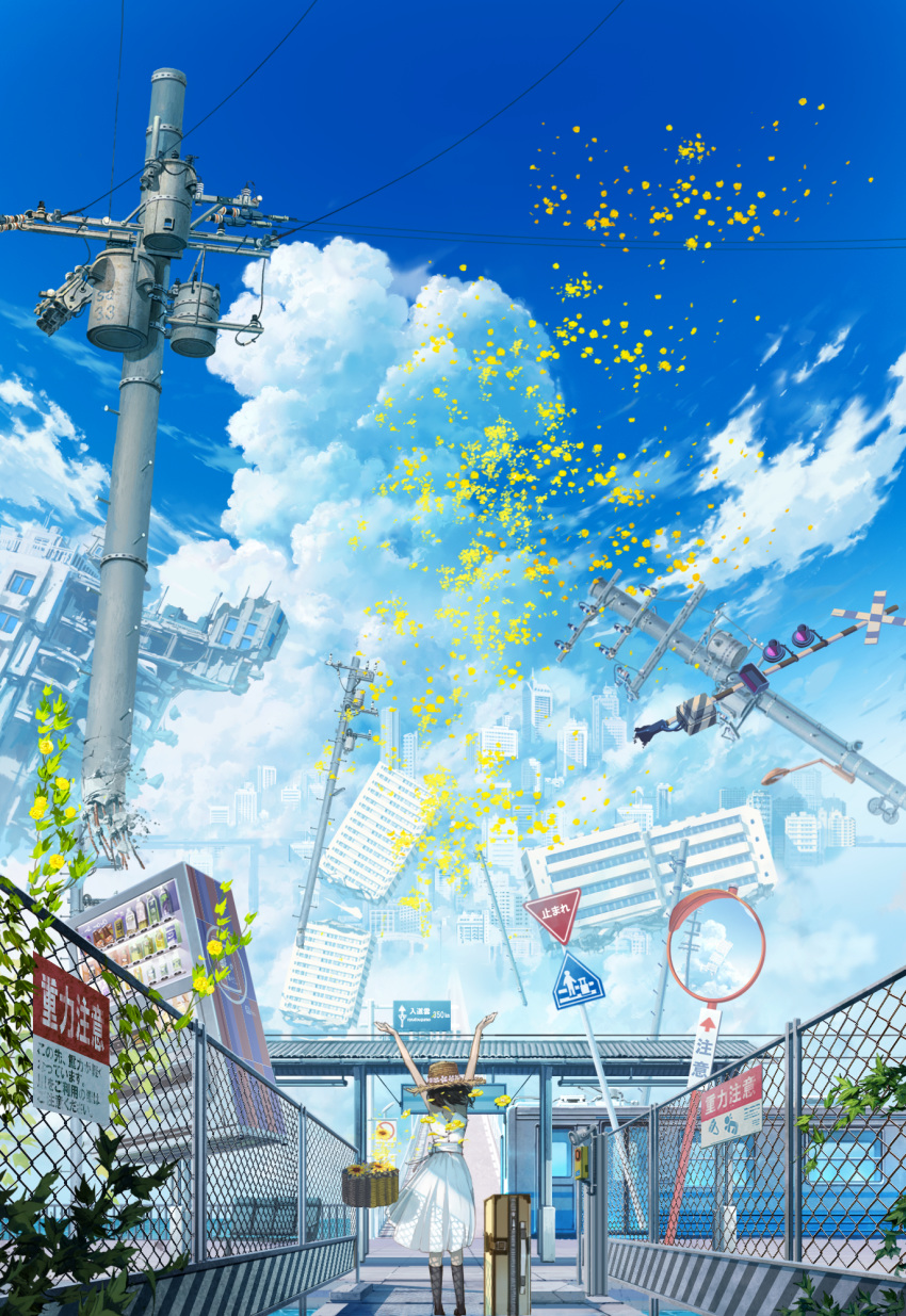 1girl arms_up basket black_hair cumulonimbus_cloud day dress fence flower hat highres kneehighs mirror original power_lines railroad_signal road_sign ruins scenery shadow shjjy296 sign standing straw_hat summer sun_hat train_station utility_pole vending_machine white_dress