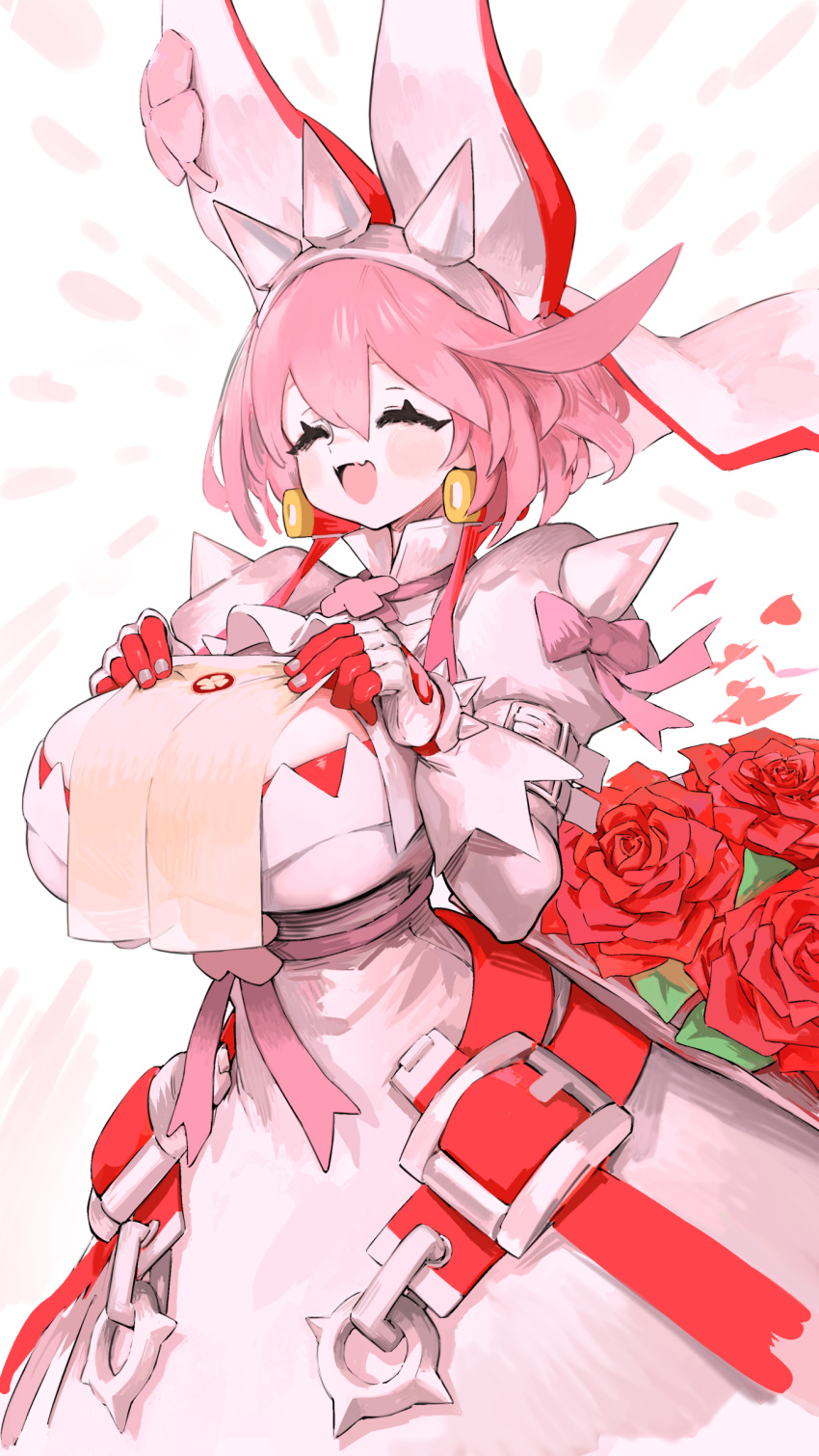 1girl absurdres animal_ears blush_stickers breasts closed_eyes clover dress earrings elphelt_valentine fake_animal_ears fang flower four-leaf_clover guilty_gear guilty_gear_xrd happy headband highres holding jewelry large_breasts liba_(leo8d) open_mouth pink_hair rose short_hair shoulder_spikes skin_fang solo spikes wedding_dress white_dress