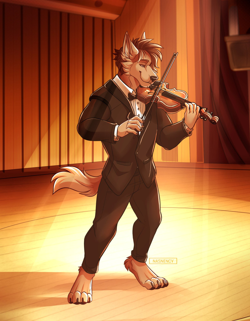 2020 4_toes 5_fingers anthro barefoot biped black_clothing black_tie_(suit) bow_(stringed_instrument) bow_tie bowed_string_instrument brown_body brown_fur brown_hair canid canine canis claws clothed clothing concert_hall detailed detailed_background fingers fur hair hi_res holding_musical_instrument holding_object male mammal musical_instrument nasnency nils_rinkan playing_music playing_violin smile solo stage string_instrument suit toe_claws toes violin wolf