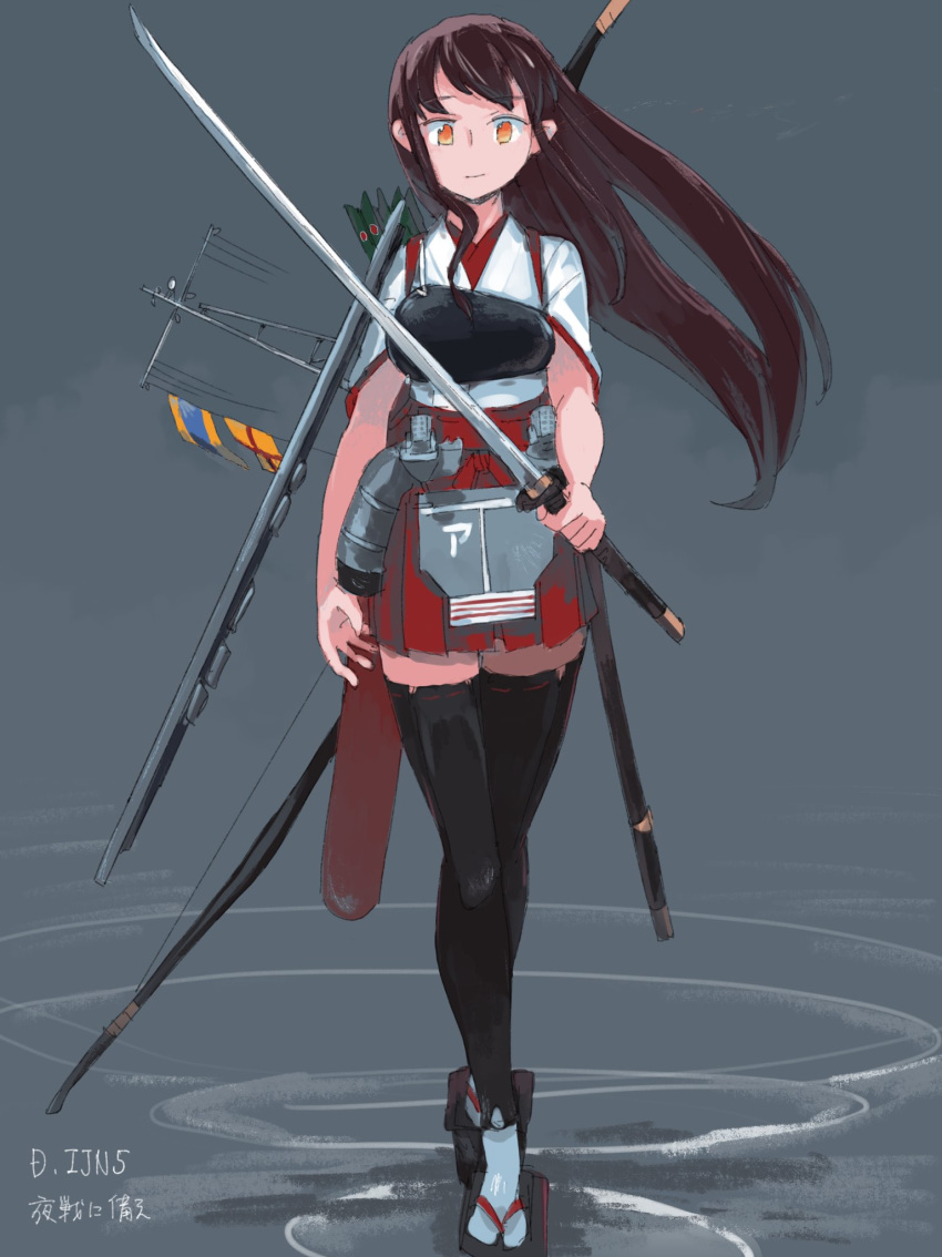 1girl akagi_(kantai_collection) arrow_(projectile) black_legwear bow breasts brown_eyes brown_gloves brown_hair eyebrows_visible_through_hair flight_deck geta gloves hair_blowing hakama hakama_skirt highres holding holding_sword holding_weapon japanese_clothes juraki_hakuaki kantai_collection katana long_hair looking_at_viewer mast muneate partly_fingerless_gloves pleated_skirt quiver red_hakama red_skirt remodel_(kantai_collection) rigging ripples scabbard sheath sidelocks signal_flag skirt smile solo standing sword tabi tasuki thighhighs weapon wide_sleeves yugake