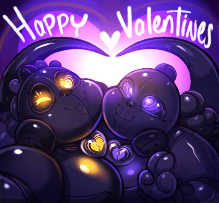 &lt;3 2019 abstract_background anthro breasts digital_drawing_(artwork) digital_media_(artwork) drone duo english_text female gas_mask glowing glowing_eyes hazmat hazmat_suit hi_res holidays looking_at_viewer mammal mask meganemausu murid murine purple_eyes rat rodent rubber simple_background smile squeakit text yellow_eyes