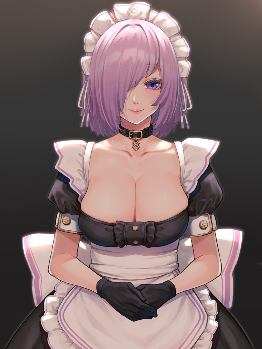 1girl apron bangs black_dress blush breasts cleavage dress fate/grand_order fate_(series) frilled_dress frills hair_over_one_eye highres large_breasts light_purple_hair looking_at_viewer maid maid_headdress mash_kyrielight mikan_(chipstar182) purple_eyes short_hair smile waist_apron white_apron