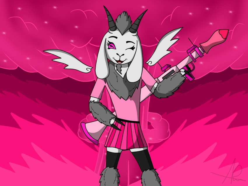 2020 4:3 artbygoats backgound bovid caprine claws clothing duo explosion fur girly girly_clothing goat hair hi_res horn male mammal one_eye_closed open_mouth pink_clothing pink_eyes pose ranged_weapon rocket_launcher signature toby_(artbygoats) watermark weapon wings wink