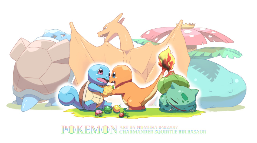 artist_name berry_(pokemon) blastoise blue_eyes bulbasaur character_name charizard charmander commentary_request copyright_name eye_contact fire flame gen_1_pokemon grass holding looking_at_another no_humans nomura_(arumon) open_mouth pokemon pokemon_(creature) shiny sitrus_berry squirtle tongue venusaur