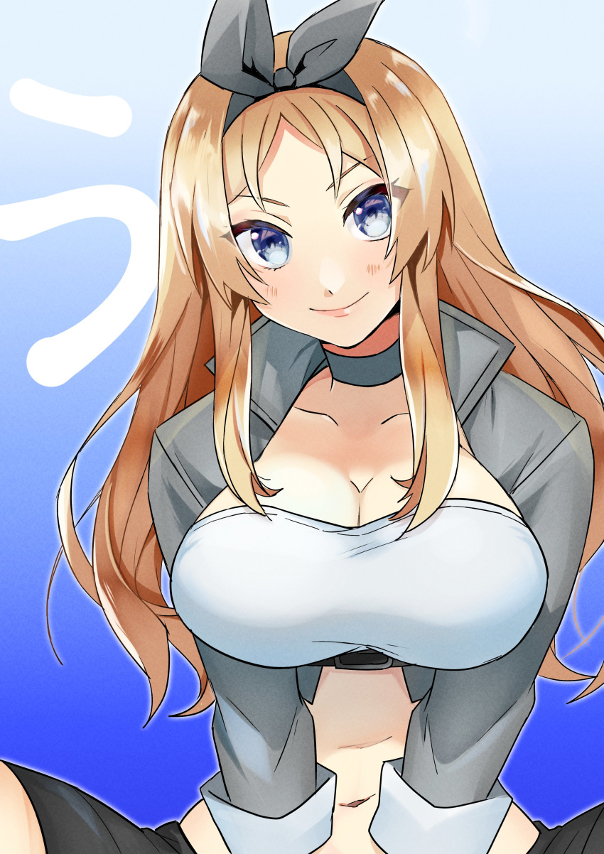 1girl absurdres blonde_hair blue_background blue_eyes breasts cleavage cropped_jacket gradient gradient_background grey_jacket highres jacket kantai_collection large_breasts long_hair long_sleeves looking_at_viewer midriff navel nelson_(kantai_collection) official_alternate_costume race_queen sitting solo toriniku_senshi_chikinman