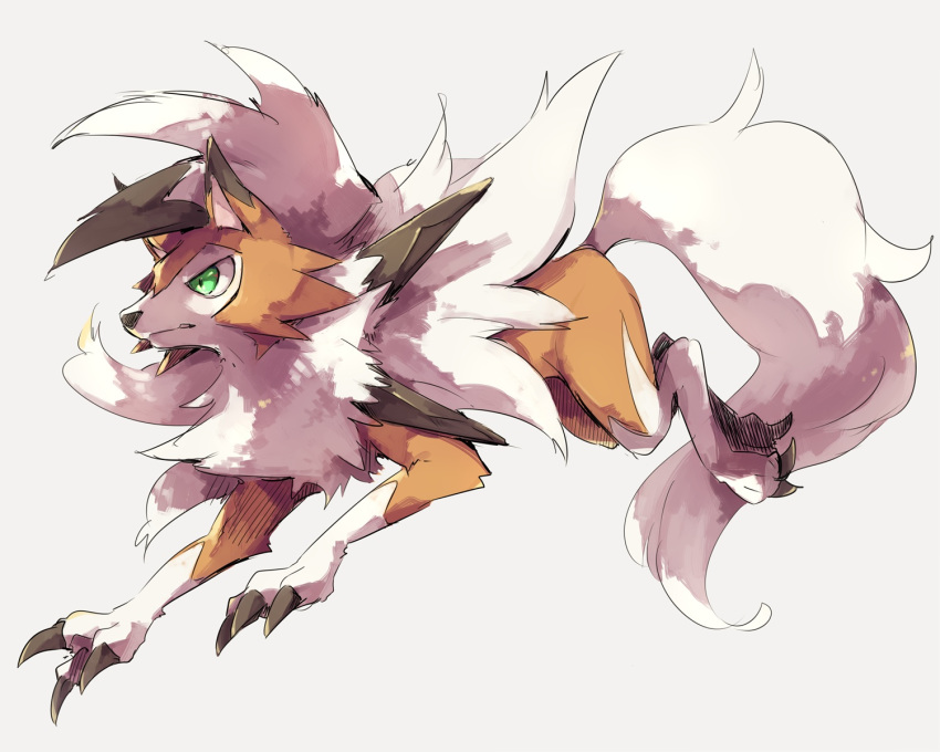 claws closed_mouth commentary_request full_body fur gen_7_pokemon green_eyes grey_background highres lycanroc lycanroc_(dusk) no_humans pokemon pokemon_(creature) solo takase_(takase1214) white_fur