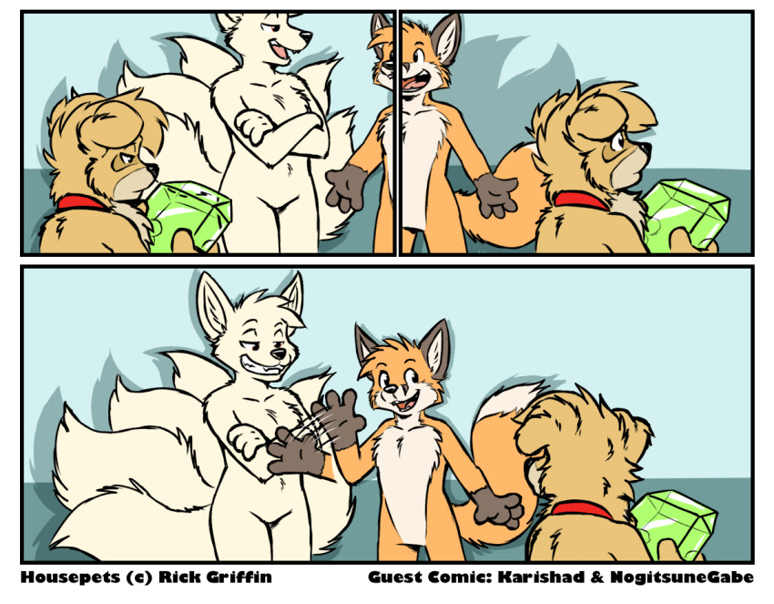 alpha_channel anthro breaking_the_fourth_wall canid canine canis comic digital_media_(artwork) domestic_dog female fox gesture great_kitsune_(housepets!) grin group housepets! karishad_(housepets!) male mammal nogitsunegabriel pomeranian smile spitz surprise tarot_(housepets!) waving webcomic