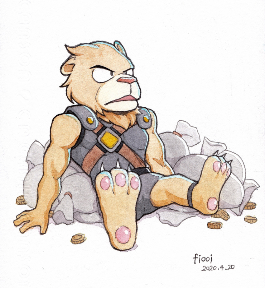 2020 3_toes absurd_res anthro armor bag brown_body brown_fur brown_mane claws clothed clothing coin felid fiool fur grey_clothing hi_res lion lion-man male mammal mane open_mouth pantherine pawpads pink_pawpads simple_background sitting solo toe_claws toes traditional_media_(artwork) video_games white_background wonder_boy:_the_dragon's_trap