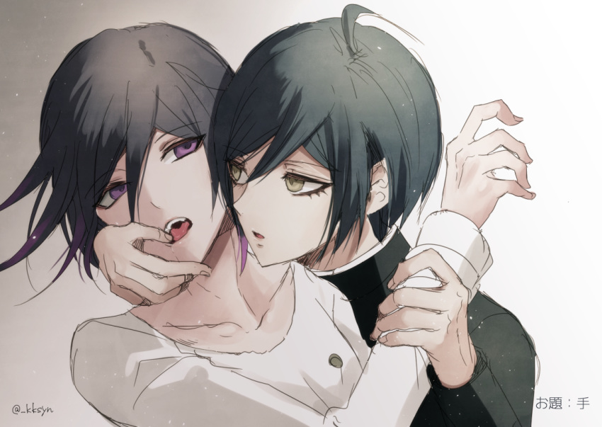2boys ahoge artist_name bangs black_hair black_jacket brown_eyes collarbone commentary_request danganronpa finger_in_another's_mouth gradient gradient_background jacket long_sleeves looking_at_another male_focus multiple_boys new_danganronpa_v3 open_mouth ouma_kokichi purple_eyes saihara_shuuichi sakuyu shirt sketch straitjacket thumb_to_mouth tongue tongue_out twitter_username upper_body upper_teeth white_jacket yaoi