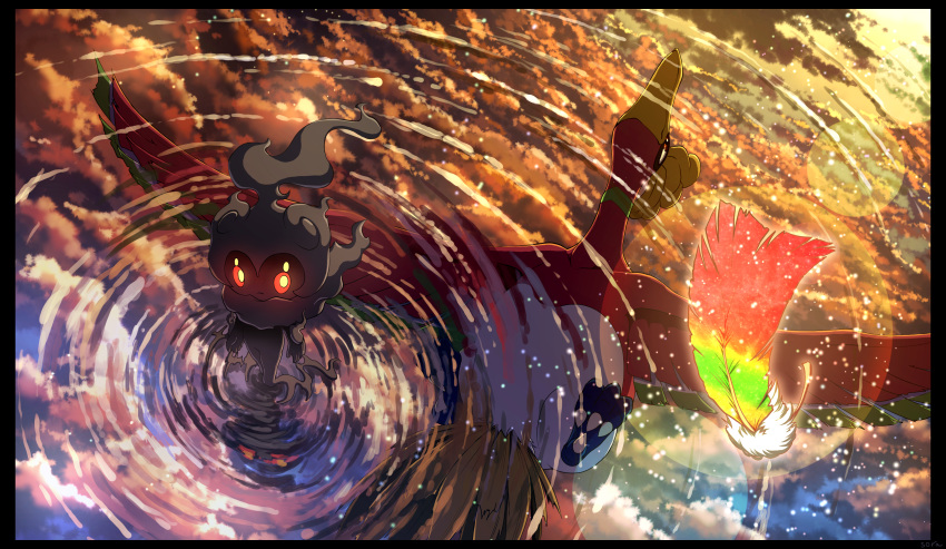 absurdres claws closed_mouth cloud commentary_request gen_2_pokemon gen_7_pokemon glowing glowing_eyes highres ho-oh karamimame legendary_pokemon lens_flare looking_up marshadow mythical_pokemon no_humans pokemon pokemon_(creature) rainbow_wing_(pokemon) red_eyes ripples