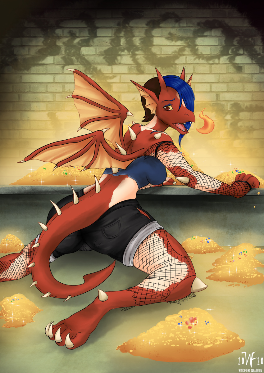 absurd_res anthro breasts camel_toe dragon female fishnet growth hi_res human human_to_anthro mammal red_body red_scales scale_growth scales solo species_transformation transformation wings witchfiend