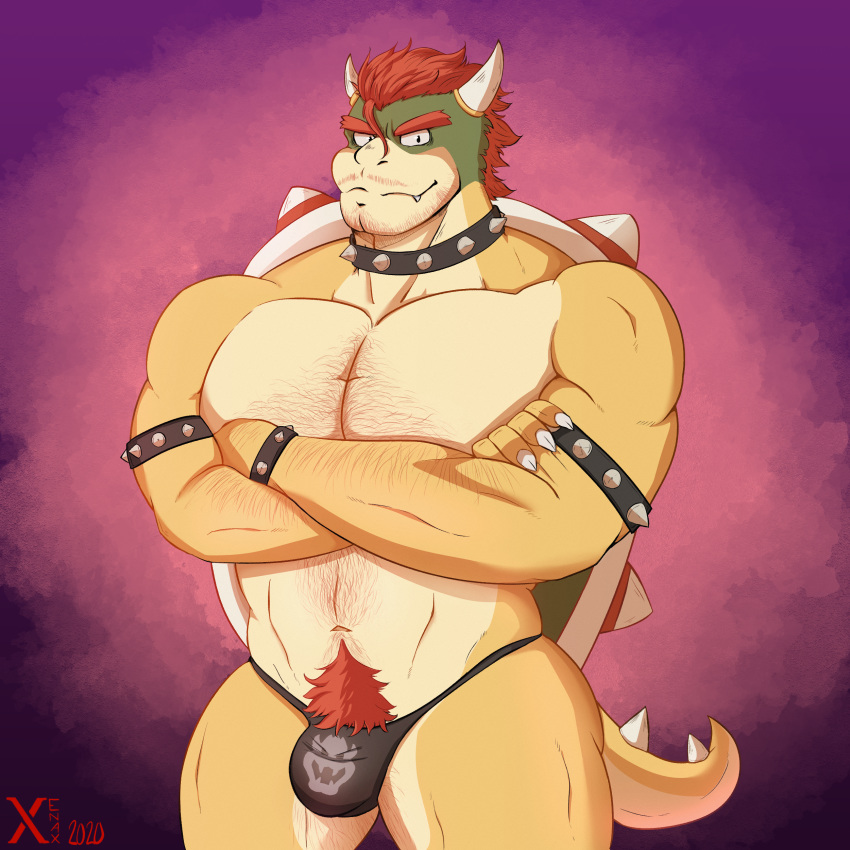 1:1 absurd_res anthro arm_hair armband beard body_hair bowser bracelet bulge chest_hair claws clothing collar crossed_arms facial_hair hair happy_trail hi_res horn humanoid jewelry koopa looking_at_viewer male mario_bros muscular muscular_male nintendo pecs pubes red_hair scalie shell simple_background solo spiked_armband spiked_bracelet spiked_collar spiked_shell spikes spikes_(anatomy) standing underwear video_games xenax