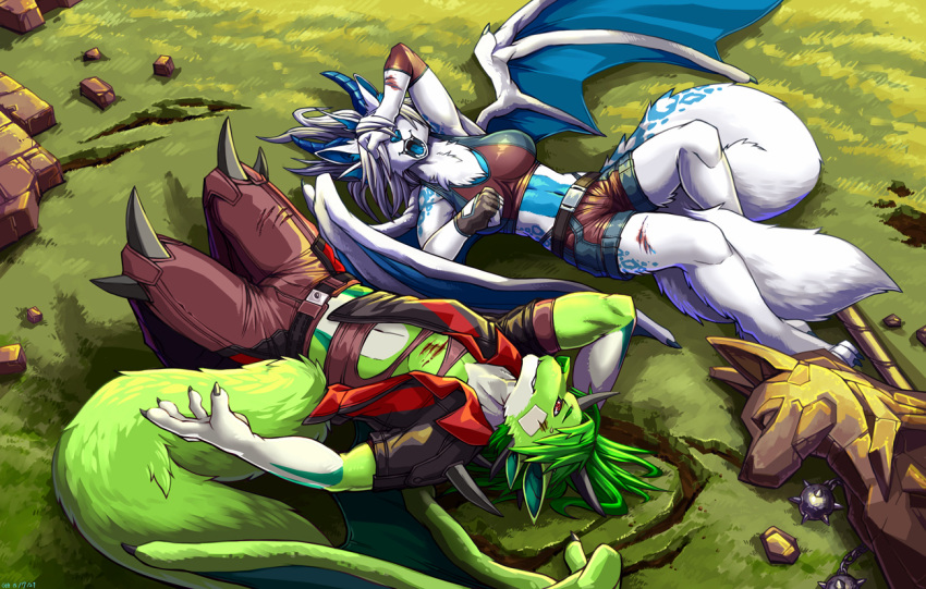 anthro blood blue_body blue_fur bodily_fluids breasts canid canine canis claws clothed clothing dragon duo fangs female fluffy fluffy_tail fur gloves green_body green_fur green_hair hair handwear horn hybrid link2004 lying male male/female mammal multicolored_body multicolored_fur open_mouth open_smile partially_clothed red_eyes smile spikes teeth tongue two_tone_body two_tone_fur white_body white_fur white_hair wings wolf
