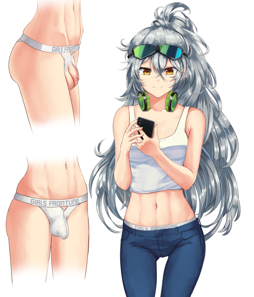 1girl abs aek-999_(girls_frontline) bare_shoulders breasts cellphone eyewear_on_head futanari girls_frontline glasses grey_hair headphones highres lewdsuguri long_hair muscle navel pants penis phone ponytail smartphone sunglasses underwear yellow_eyes