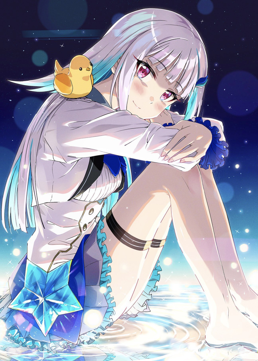 1girl animal_on_shoulder ayano_yuu_(sonma_1426) bangs barefoot bird bird_on_shoulder blue_bow blue_hair blue_neckwear blue_skirt blunt_bangs bow closed_mouth commentary eyebrows_visible_through_hair frilled_skirt frilled_sleeves frills from_side hair_ornament highres leg_hug light_particles lize_helesta long_hair long_sleeves looking_at_viewer miniskirt multicolored_hair nijisanji on_liquid pleated_skirt purple_eyes reflection shirt sitting skirt smile solo star_(symbol) thigh_strap two-tone_hair virtual_youtuber water white_hair white_shirt